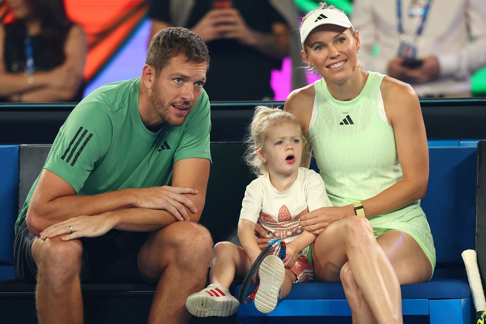 Caroline Wozniacki with husband David Lee and daughter Olivia. Image: Getty
